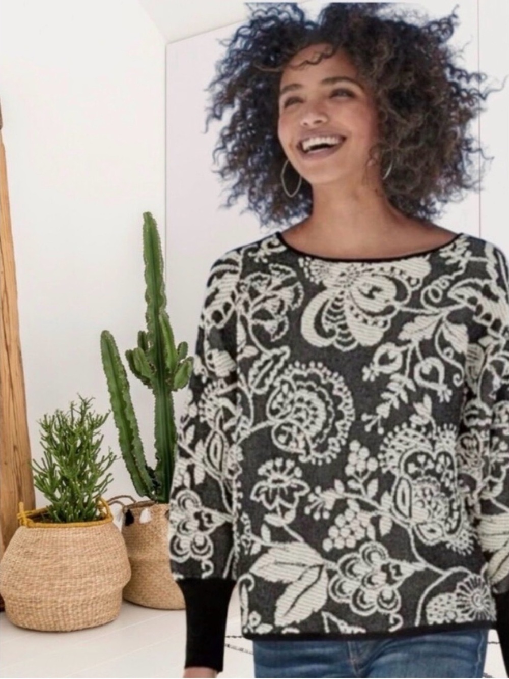 Sundance Floral Knit Sweater Womens Medium Black White Jacquard Dolman Pullover
